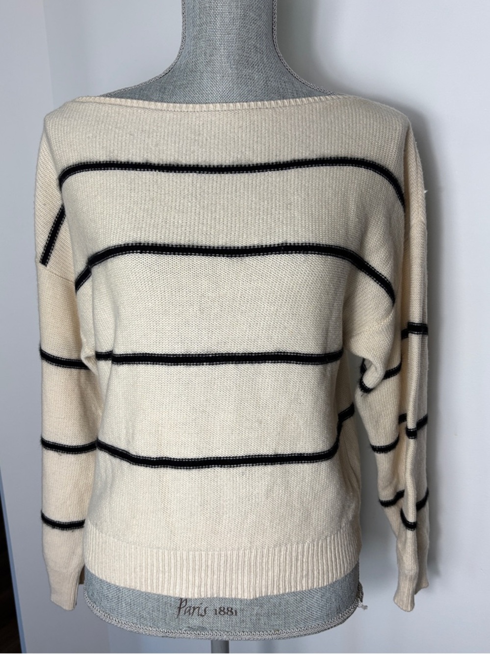 Vince Cream and Black 100% Cashmere Striped Boat Neck Sweater